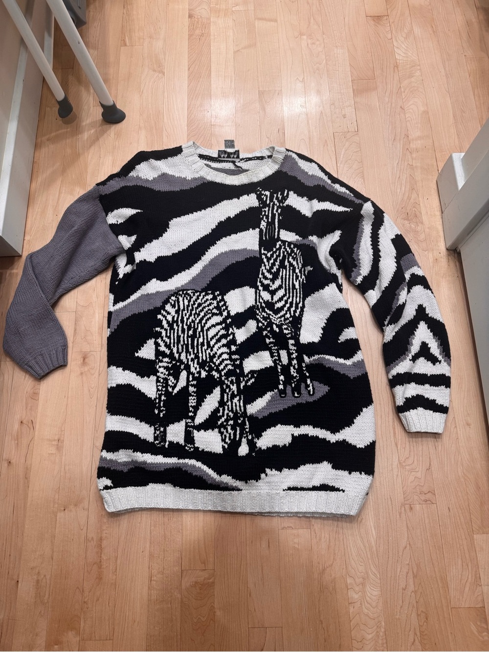 Zebra Print Sweater Vintage Krizia Maglia Cotton Hand Knit Black Grey Ivory Larg